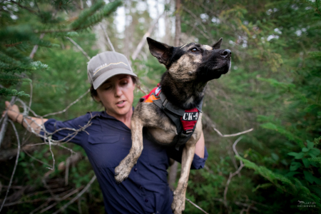 Scent detection dogs (canis lupus familiaris) and handlers often have to go through difficult terrain, and sometimes that means the dog needs to be carried by the handler, as Suzie Marlow demonstrates.